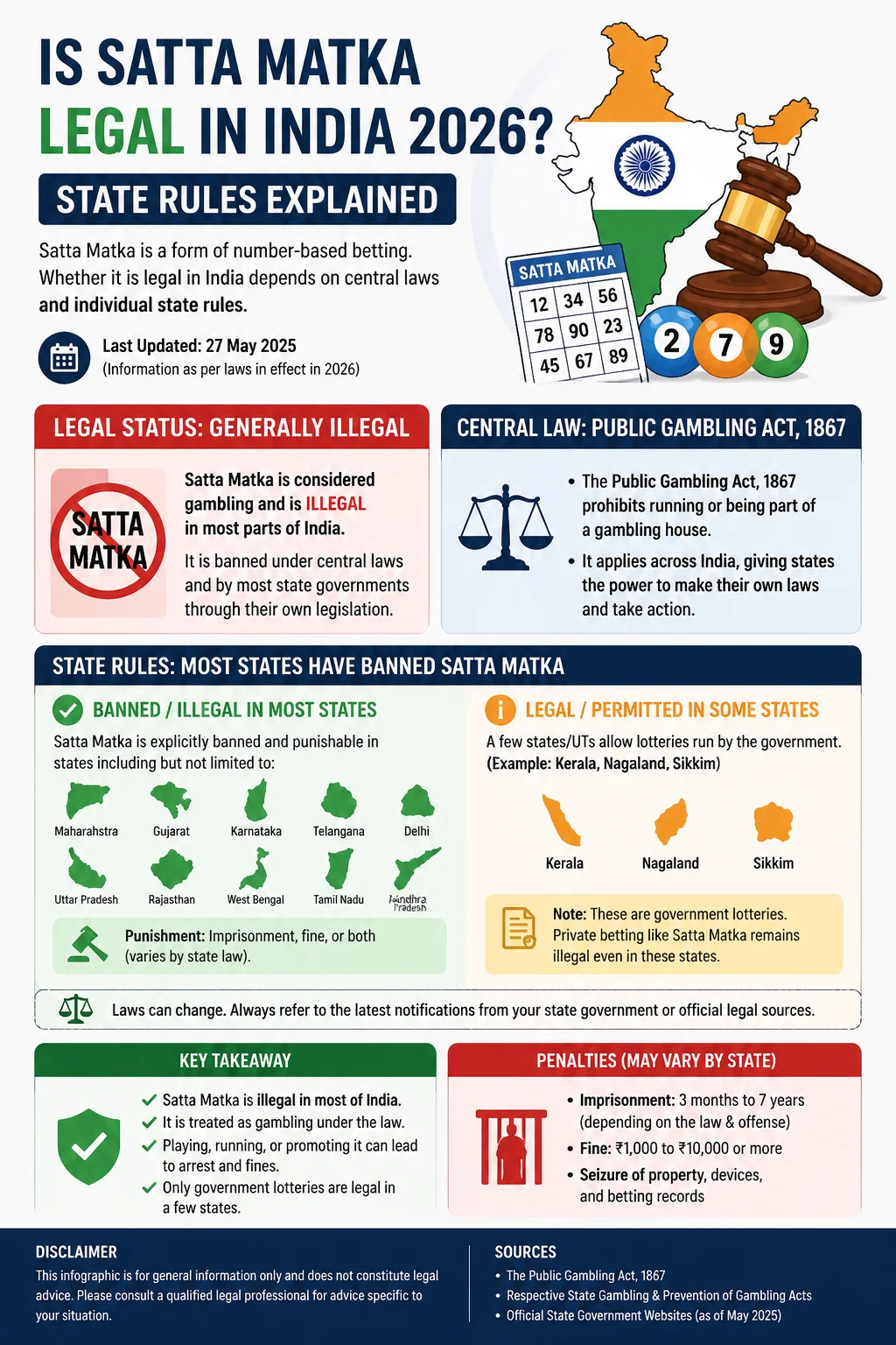Is Satta Matka Legal in India 2026? State Rules Explained Infographic