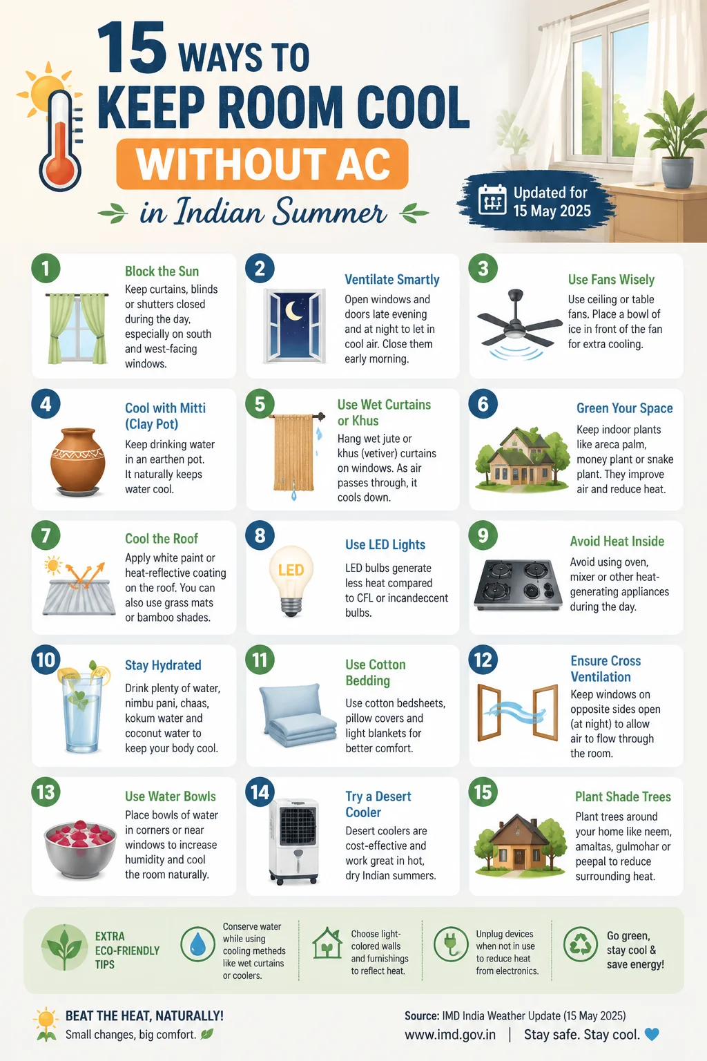 15 Ways to Keep Room Cool Without AC in Indian Summer Infographic